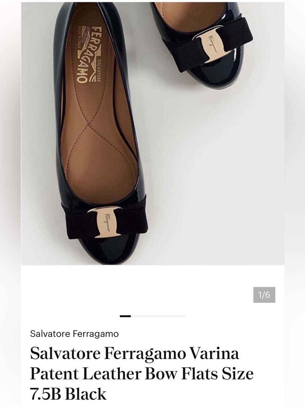 Salvatore Ferragamo Varina Patent Leather Bow Flats Size 7.5B Black